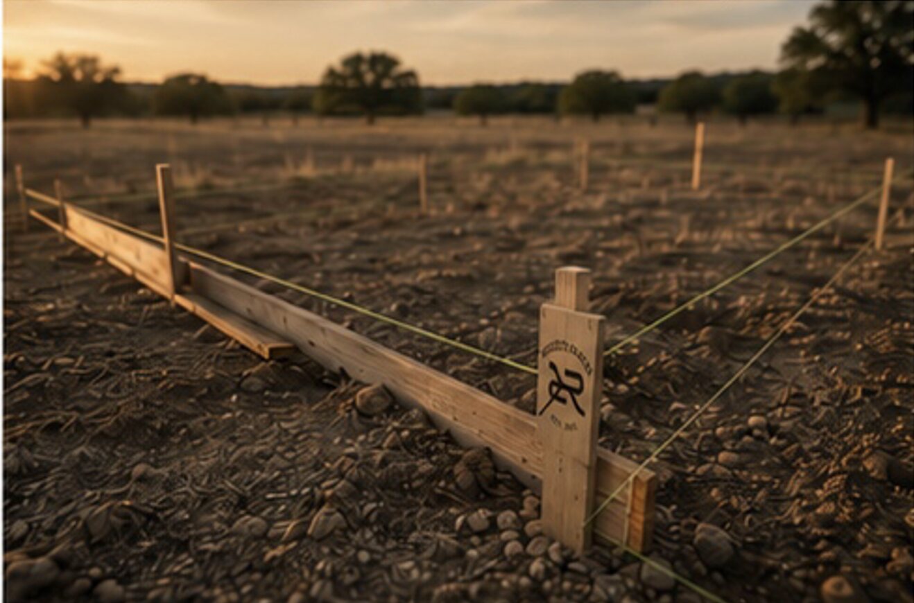 Branded batter board and string lines on a graded ranch site at sunset