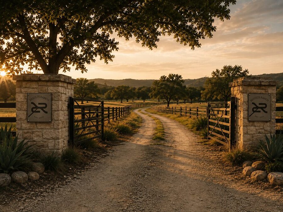 Stone ranch gate with the Results Ranch mark at sunset