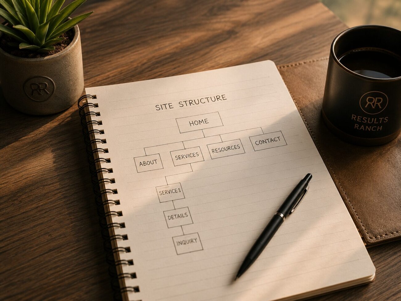 Hand-drawn property map of a website structure in a notebook