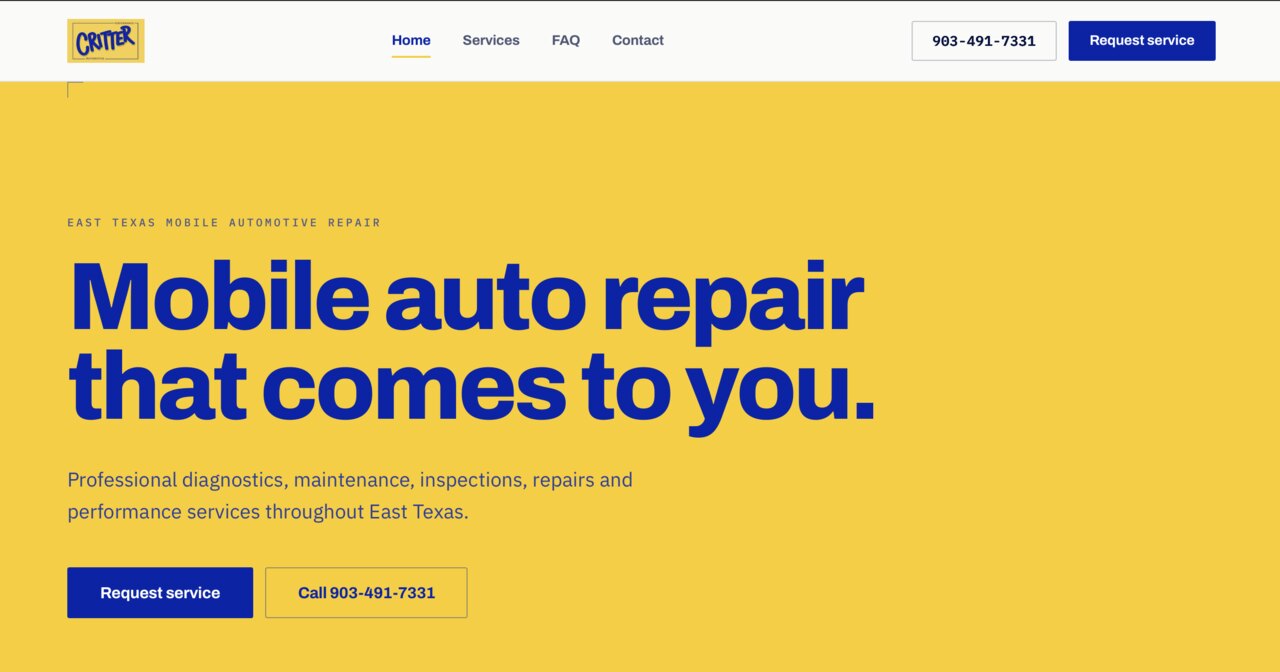 Homepage of Critter Performance and Automotive, built by Results Ranch